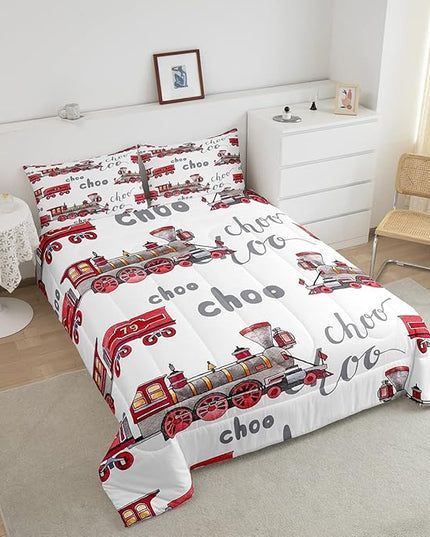 Feelyou Cartoon Car Bedding Set Kids Train Comforter Set Boys Girls Choo-Choo Rail Roads Tracks Decor Comforter Train Construction Duvet Set Quilt King Size Boys - LeafyLoom