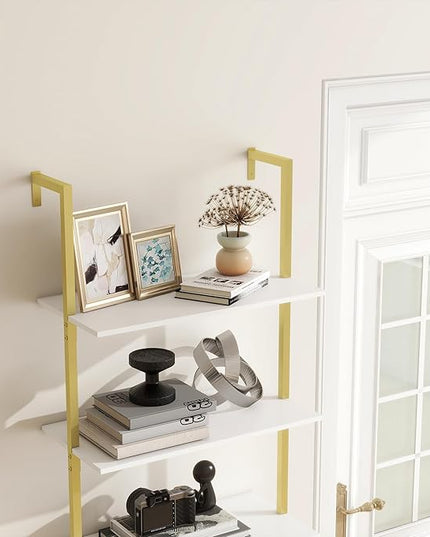Panana Industrial 5 Tier Ladder Shelf, Open Space Book Shelf Wall Mount Bookshelf with Metal Frame Sturdy Bookcase for Living Room (White, 5 Tier) - LeafyLoom
