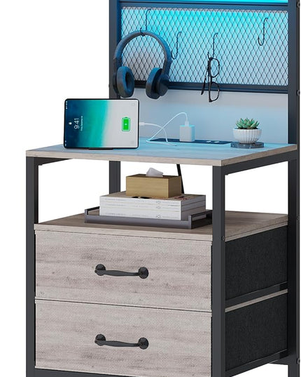 Tall Nightstand with Charging Station and LED Lights, Night Stand with Fabric Drawers, Bedside Table 36.4 Inch with Storage Shelves, Side Table, Mesh Shelves with Metal Hooks, Greige - LeafyLoom