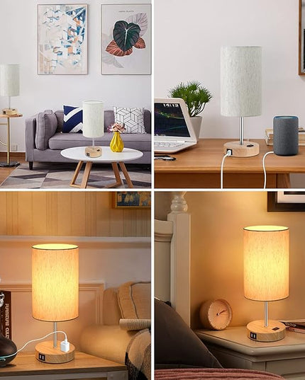 Table Lamps Set of 2 Touch Control, 2 USB Charging Ports&AC Outlet, 3-Way Dimmable Bedside Nightstand Lamp with Flaxen Fabric Shade and Wooden Base for Bedroom, 2-Pack A19 LED Bulbs Included - LeafyLoom