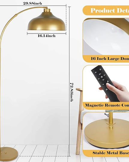 Modern Arc Floor Lamp for Living Room, 16 Inch Large Dome Arch Dimmable Standing Light with Remote, Industrial Tall Arched Reading Lamps Hanging Metal Shade for Bedroom, Office, Over Couch,JE-F231218 - LeafyLoom
