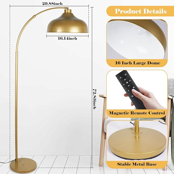 Modern Arc Floor Lamp for Living Room, 16 Inch Large Dome Arch Dimmable Standing Light with Remote, Industrial Tall Arched Reading Lamps Hanging Metal Shade for Bedroom, Office, Over Couch,JE-F231218 - LeafyLoom
