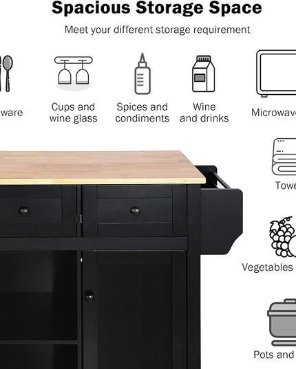 Kitchen Cart with Rubber Wood Drop-Leaf Countertop, Kitchen Island On 5 Wheels with Storage Cabinet, 3 Drawers and Internal Storage Racks, Rolling Mobile Portable Serving Carts (Black) - LeafyLoom