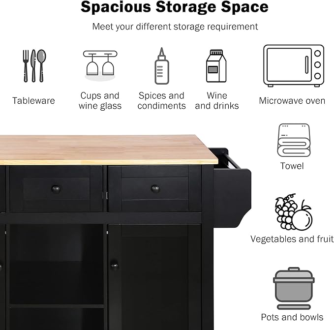 Kitchen Cart with Rubber Wood Drop-Leaf Countertop, Kitchen Island On 5 Wheels with Storage Cabinet, 3 Drawers and Internal Storage Racks, Rolling Mobile Portable Serving Carts (Black) - LeafyLoom