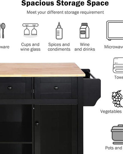 Kitchen Cart with Rubber Wood Drop-Leaf Countertop, Cabinet Door Internal Storage Racks, Kitchen Island on 5 Wheels with Storage Cabinet and 3 Drawers for Dinning Room, Black - LeafyLoom