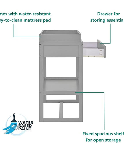 Arlo Changing Table in Pebble Grey, Made of Solid New Zealand Pinewood, Non-Toxic Finish, Comes with Water Resistant Mattress Pad & Safety Strap - LeafyLoom