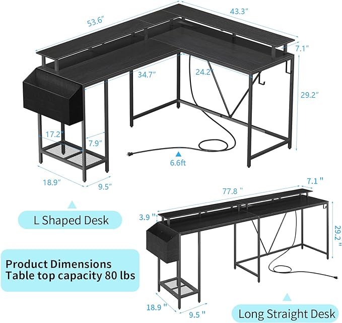 L Shaped Gaming Desk with Power Outlets & LED Lights, Computer Desk with Monitor Stand & Storage Shelf, Home Office Desk Corner Desk with Hooks, Easy to Assemble, Black - LeafyLoom