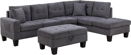 102" Wide Reversible Sectional Sofa L Shaped Upholstered Couch with Dropdown Armrest & Cupholders, Charging Ports, Storage Ottoman and Pillows for Living Room Apartment, Dark Gray - LeafyLoom
