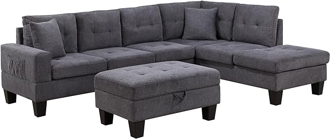 102" Wide Reversible Sectional Sofa L Shaped Upholstered Couch with Dropdown Armrest & Cupholders, Charging Ports, Storage Ottoman and Pillows for Living Room Apartment, Dark Gray - LeafyLoom