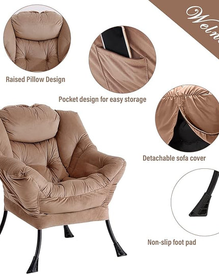 Welnow Lazy Chair with Ottoman, Modern Lounge Accent Chair with Armrests and a Side Pocket, Leisure Sofa Chair Set, Reading Chair with Footrest for Small Space, Corner Chair, Dark Brown - LeafyLoom