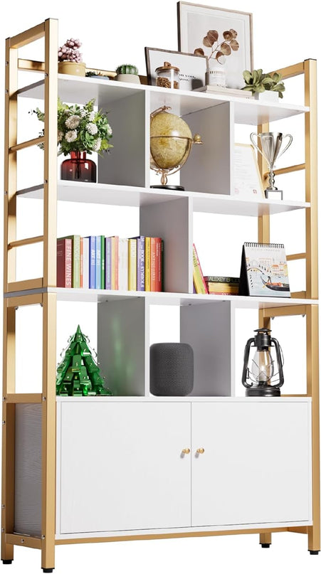 Gold and White Bookshelf with Doors, 4 Tier 39.4in Wide Heavy Duty Bookshelves with Cabinet Storage, Large Book Shelf 64.2" H x 39.4" W x 11.8" D Office Shelving, Wood & Metal Bookcase Living Room - LeafyLoom