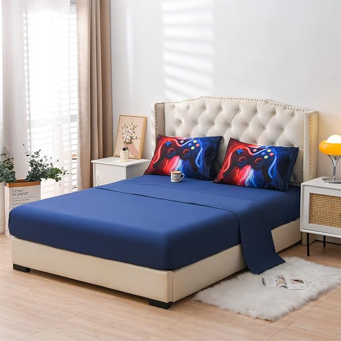 Meeting Story Gamer Gaming Bedding Sets Red-Blue Lightnings Gamepad Comforter Set for Boys Games Console Action Buttons Novelty Colorful Modern Room Decor Home Quilt Set (Red-Blue, Twin 5Pcs) - LeafyLoom