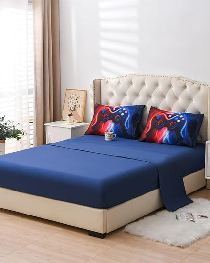 Meeting Story Gamer Gaming Bedding Sets Red Blue Lightnings Gamepad Comforter Set for Boys Games Console Action Buttons Novelty Colorful Modern Room Decor Home Quilt Set (Red-Blue, Full 5Pcs) - LeafyLoom