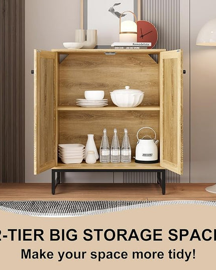 Sideboard Buffet Cabinet, Storage Cabinet with Double Rattan Doors, Modern Rattan Sideboard Cabinet, Kitchen Storage Cabinet with Metal Feet, for Entryway, Bedroom, Living Room (Natural Wood) - LeafyLoom