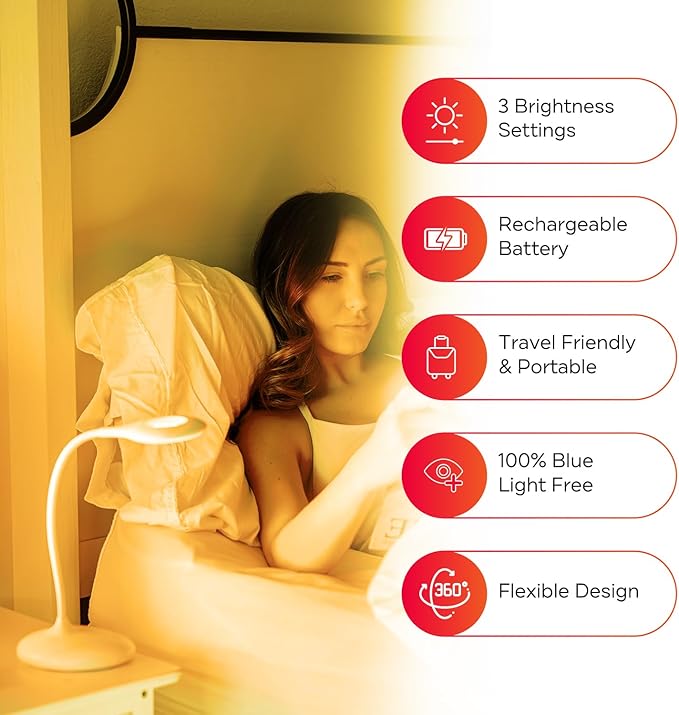 Mito Red Light - Amber Light Lamp - Portable & Flexible Amber Table Lamp - Cordless Lamp, Rechargeable Reading Lamp - Amber Lamp - LeafyLoom