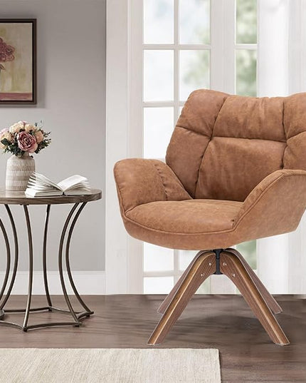 Faux Leather Accent Chair, Modern Cozy Vanity Chair with Wood Legs, Upholstered Single PU Leather Boucle Armchair for Living Room Bedroom Office Guest Room (Brown) - LeafyLoom