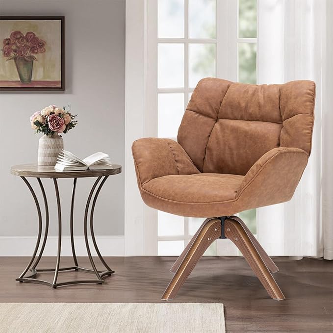 Faux Leather Accent Chair, Modern Cozy Vanity Chair with Wood Legs, Upholstered Single PU Leather Boucle Armchair for Living Room Bedroom Office Guest Room (Brown) - LeafyLoom