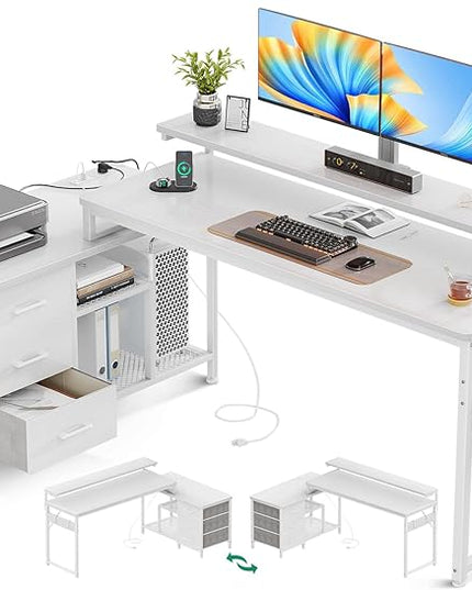 AODK 70 Inch L Shaped Computer Desk with Power Outlets & USB Charging Ports, Reversible L-Shaped Corner Desk with Drawers & Monitor Stand, Home Office Workstation with Storage Cabinet, White - LeafyLoom