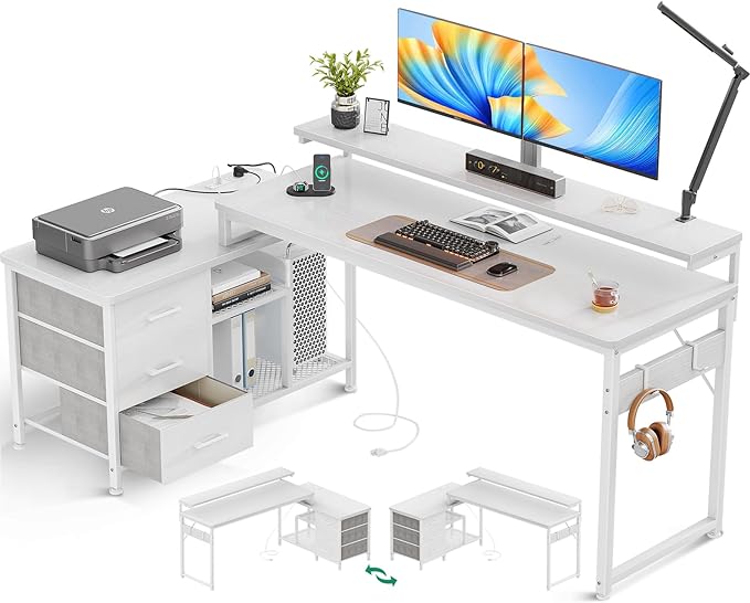 AODK 70 Inch L Shaped Computer Desk with Power Outlets & USB Charging Ports, Reversible L-Shaped Corner Desk with Drawers & Monitor Stand, Home Office Workstation with Storage Cabinet, White - LeafyLoom