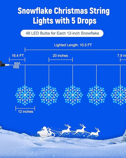 Christmas Snowflake Icicle Lights Outdoor - Plug-in 10.5ft 5 Drops 240LED Snowflake Window Lights with 8 Modes, Hanging Lights for Indoor Outdoor Porch Eaves Rooftops Christmas Decor, Blue and White Brightown