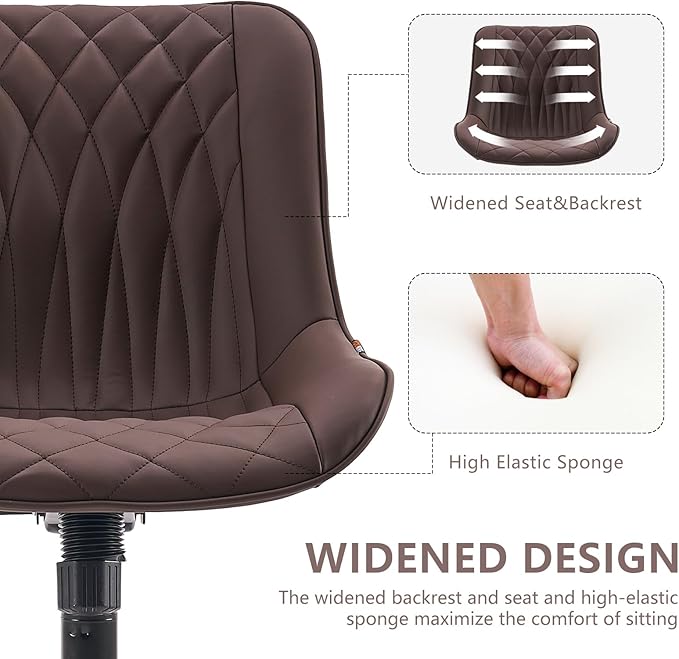 YOUNIKE Desk Chair with Wheels Armless Office Chair Swivel Rolling Task Chair with Back Upholstered Faux Leather Computer Chair Height Adjustable Modern Ergonomic Seat, Loads 300 lbs, Brown - LeafyLoom