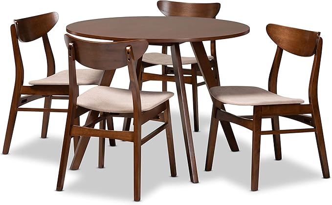Baxton Studio Philip Mid-Century Modern Transitional Light Beige Fabric Upholstered and Walnut Brown Finished Wood 5-Piece Dining Set - LeafyLoom