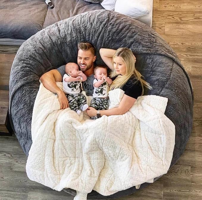 6FT Giant Faux Fur Bean Bag Cover for Adults, Round Fluffy Bean Bag Bed (No Filler), Machine Washable Big Size - LeafyLoom