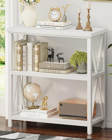 FATORRI Small Bookcase, Bookshelf for Small Space, Short Rustic Bookshelf, Wood and Metal Book Case and Book Shelf (White Oak) - LeafyLoom