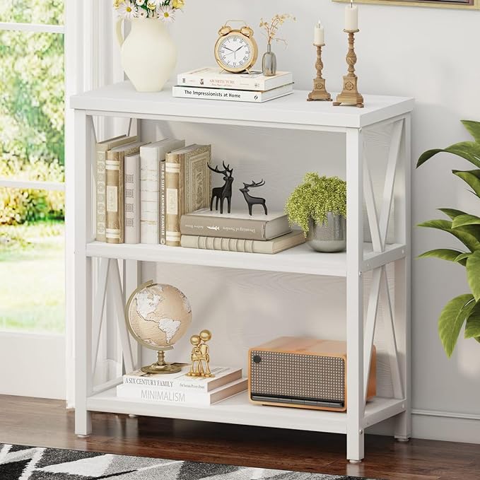 FATORRI Small Bookcase, Bookshelf for Small Space, Short Rustic Bookshelf, Wood and Metal Book Case and Book Shelf (White Oak) - LeafyLoom