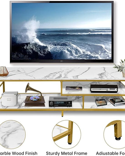 AT-VALY TV Stand for 55-75 inch TVs, Metal&MDF TV Stand with 3-Tier Storage Shelves for Living Room, Entertainment Center with Storage Cabinets (Gold) - LeafyLoom