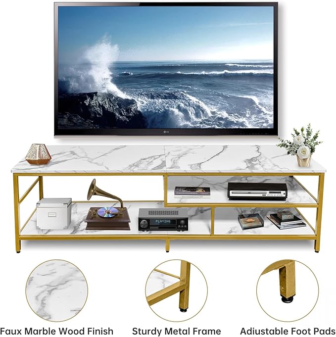 AT-VALY TV Stand for 55-75 inch TVs, Metal&MDF TV Stand with 3-Tier Storage Shelves for Living Room, Entertainment Center with Storage Cabinets (Gold) - LeafyLoom