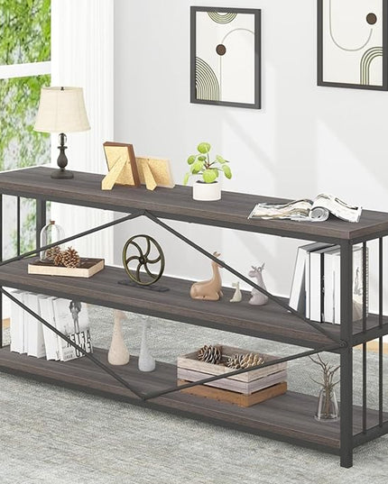 IBF Wood and Metal Book Shelf, Industrial Rustic Low 3 Tier Bookshelf, Farmhouse Long Wide Vintage Horizontal Bookcase, Modern Large Open Etagere for Home Office Living Room Bedroom, Gray Oak, 63 Inch - LeafyLoom