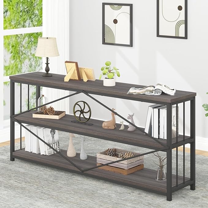 IBF Wood and Metal Book Shelf, Industrial Rustic Low 3 Tier Bookshelf, Farmhouse Long Wide Vintage Horizontal Bookcase, Modern Large Open Etagere for Home Office Living Room Bedroom, Gray Oak, 63 Inch - LeafyLoom