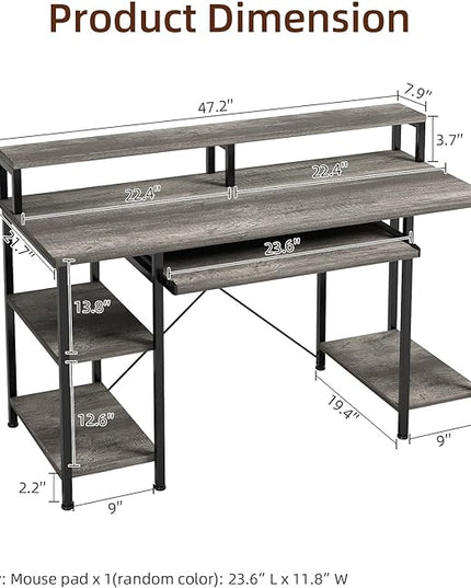 VERMESS Computer Desk- 48 Inch Home Office Desk with Keyboard Tray, 47" Gaming Desk with Full Monitor Stand & Storage Shelves & CPU Stand, Modern Study Writing Table with Shelf for Storage, Gray Oak - LeafyLoom