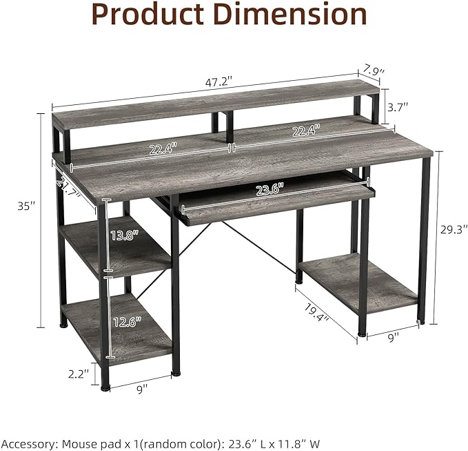 VERMESS Computer Desk- 48 Inch Home Office Desk with Keyboard Tray, 47" Gaming Desk with Full Monitor Stand & Storage Shelves & CPU Stand, Modern Study Writing Table with Shelf for Storage, Gray Oak - LeafyLoom