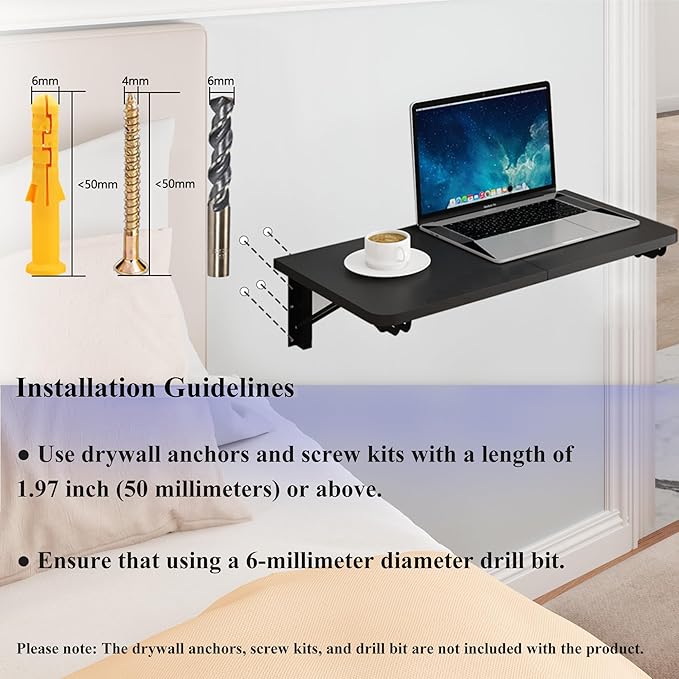 TEAMIX Wall Mounted Folding Table, Black Floating Desk for Small Spaces, Drop Leaf Dining Table for Kitchen Fold Down Laundry Shelf with Heavy-Duty Brackets - LeafyLoom