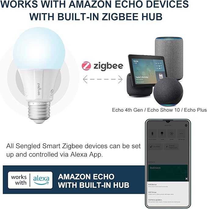 Sengled Zigbee Smart Light Bulbs, Smart Hub Required, Works with SmartThings and Echo with built-in Hub, Voice Control with Alexa and Google Home, Daylight 60W Equivalent A19 Alexa Light Bulb, 10 Pack Sengled