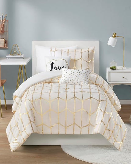 Intelligent Design Raina Twin / Twin XL Comforter Set, Soft Microfiber Comforter Set Twin, Modern Geometric Metallic Bed Set, 4 Pieces College Bedding Comforter Set with 1 Sham, 2 Toss Pillows Ivory - LeafyLoom