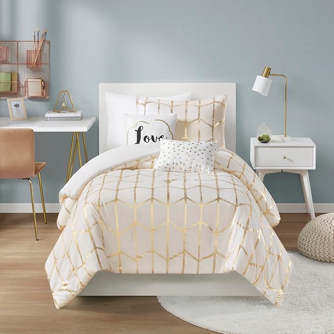 Intelligent Design Raina Twin / Twin XL Comforter Set, Soft Microfiber Comforter Set Twin, Modern Geometric Metallic Bed Set, 4 Pieces College Bedding Comforter Set with 1 Sham, 2 Toss Pillows Ivory - LeafyLoom