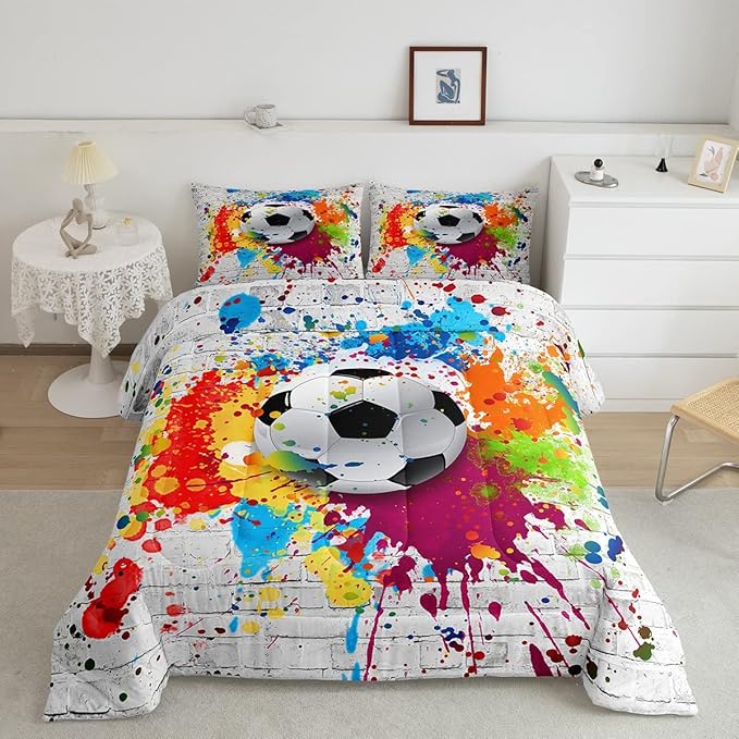 Feelyou Football Bedding Set Rugby Sports Comforter Set Soccer Ball Game Comforter for Boys Girls Teens Decor Gift for Football Lover Duvet Set Queen Size with 2 Pillow Case Boys - LeafyLoom