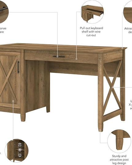 Bush Furniture Key West Computer Desk with Storage | Small for Home Office | Modern Farmhouse, 54W, Reclaimed Pine - LeafyLoom