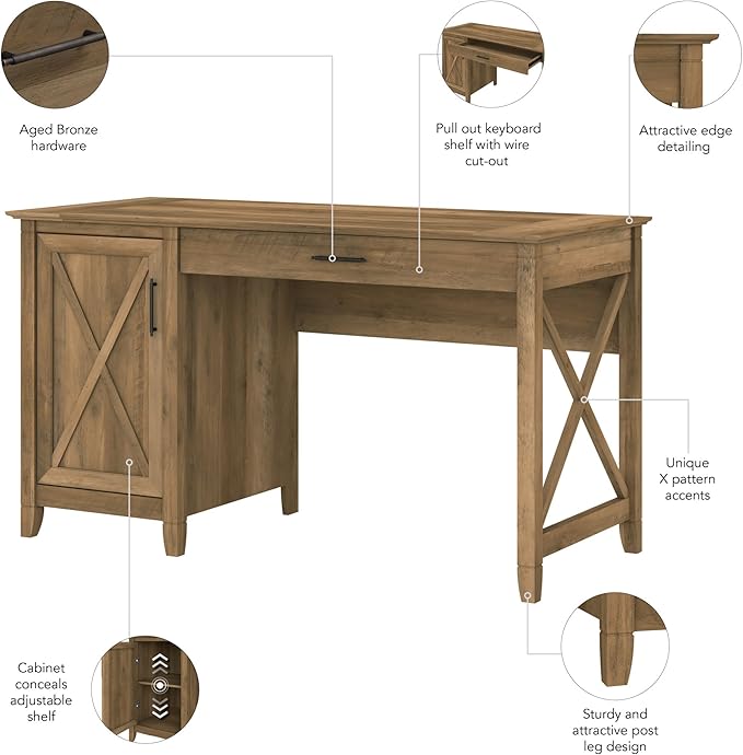 Bush Furniture Key West Computer Desk with Storage | Small for Home Office | Modern Farmhouse, 54W, Reclaimed Pine - LeafyLoom