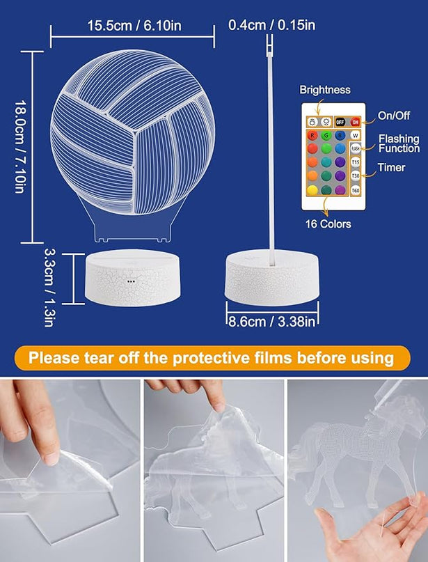 FULLOSUN Volleyball Gift, Kids Volleyball Night Light (with Remote Control), 3D Illumination Lights Boys Gift 16 Colors Changeable Kids Room Lighting Creative Decoration... (Volleyball) - LeafyLoom