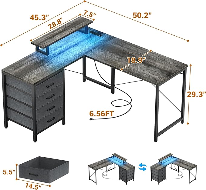Homieasy L Shaped Desk with Drawers & Power Outlets, Reversible Computer Desk with LED Light and Monitor Stand, 50 Inch Home Office Gaming Work Study Desk with 4 Storage Drawers, Black Oak - LeafyLoom