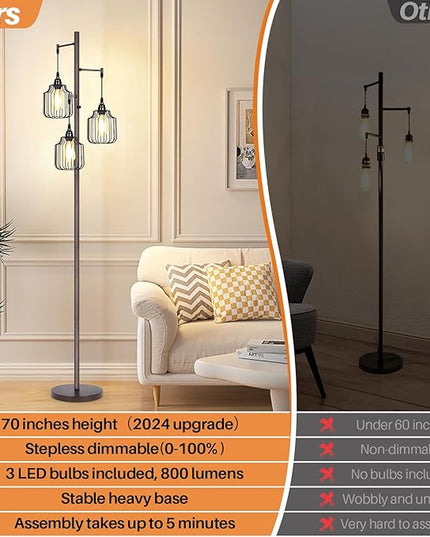 Dimmable Industrial Floor Lamp with 3 LED Edsion Bulbs, Farmhouse Tall Standing Lamp for Living Room, Rustic Brown Tree Floor Lamp, Bright Vintage Pole Light with Cage Shades for Bedroom Home Decor - LeafyLoom