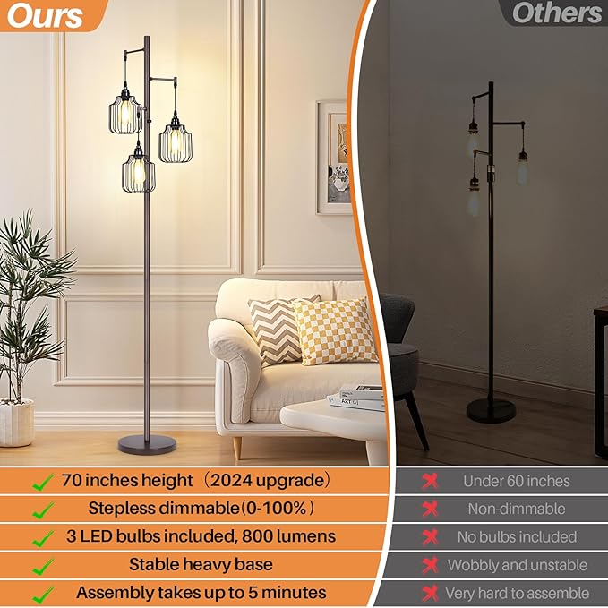 Dimmable Industrial Floor Lamp with 3 LED Edsion Bulbs, Farmhouse Tall Standing Lamp for Living Room, Rustic Brown Tree Floor Lamp, Bright Vintage Pole Light with Cage Shades for Bedroom Home Decor - LeafyLoom