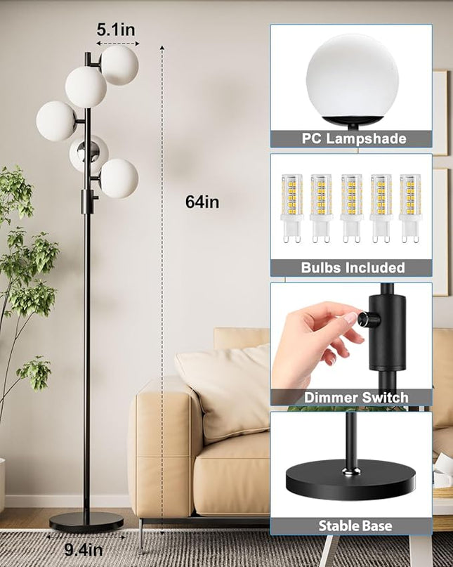 Lightdot Dimmable (Brightness Adjustable) Globe Floor Lamp, Black Retro Standing Lamps with 5x3000K G9 Bulbs Included, Mid Century Modern Floor Lamp for Living Room - LeafyLoom