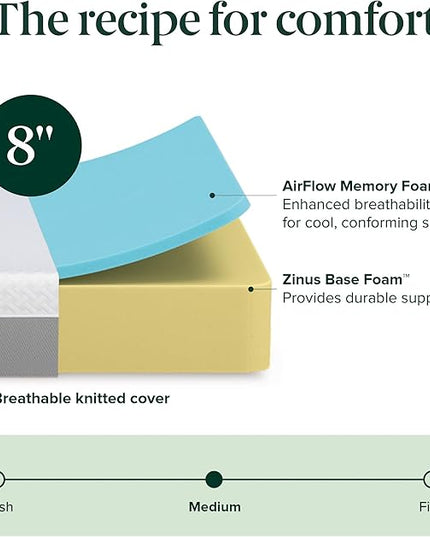 ZINUS 8 Inch Green Tea Essential Memory Foam Mattress [New Version], Queen, Fiberglass Free, Medium Feel, Breathable Airflow Memory Foam, Certified Safe Foams & Fabric, Mattress in A Box - LeafyLoom