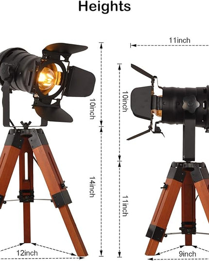 Decoluce Industrial Tripod Floor Table Lamp Vintage Wood Cinema Searchlight Standing Lighting Fixtures Nautical Spotlight Decorations-Not Include E26 Bulbs (Cinema) - LeafyLoom