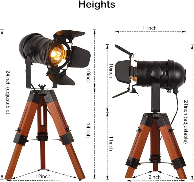 Decoluce Industrial Tripod Floor Table Lamp Vintage Wood Cinema Searchlight Standing Lighting Fixtures Nautical Spotlight Decorations-Not Include E26 Bulbs (Cinema) - LeafyLoom